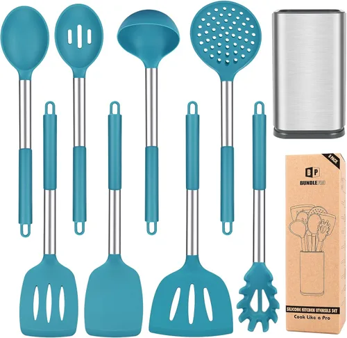 Miniatura 10 de Juego de utensilios de cocina de silicona, 8 piezas antiadherentes con mango de acero inoxidable, herramientas de cocina resistentes al calor sin