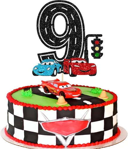Miniatura 13 de Ephlyn 1 pieza de decoración para tarta de primer cumpleaños de coche de carreras con purpurina, decoración de tarta 1er cumpleaños para bandera a