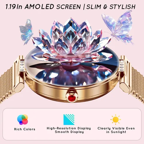 Miniatura 6 de AMOLED - Reloj inteligente para mujer con pantalla pequeña de 1.19 pulgadas para teléfonos iPhone / Android con llamada Bluetooth, frecuencia 1-Oro