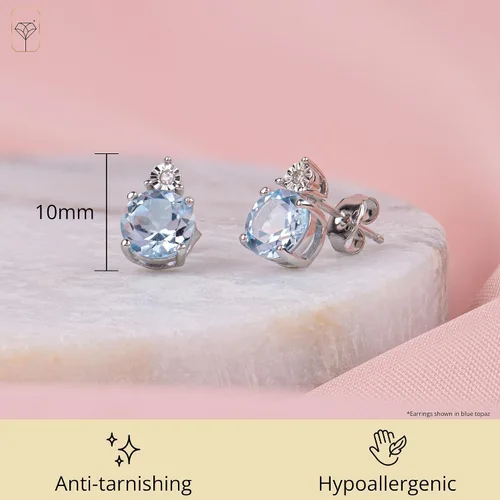 Miniatura 3 de Gemstone and Diamond Accent Halo Round Stud Earrings for Women in 925 Sterling Silver 7mm Birthstone with Push Backs by MAX + STONE