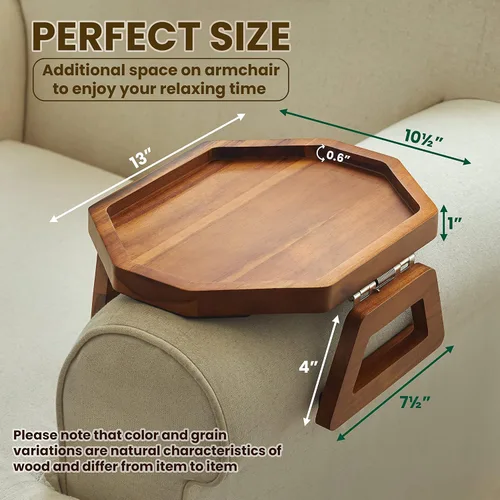 Miniatura 2 de Tinamo Bandeja para apoyabrazos de sofá octagonal de acacia, mesa de reposabrazos de sofá con brazos plegables - Caddy para sillón, bandeja con clip