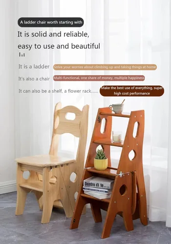 Miniatura 6 de Silla plegable de madera para biblioteca, taburete portátil multifunción de 4 pisos, estante de exhibición para interiores y exteriores (nogal)
