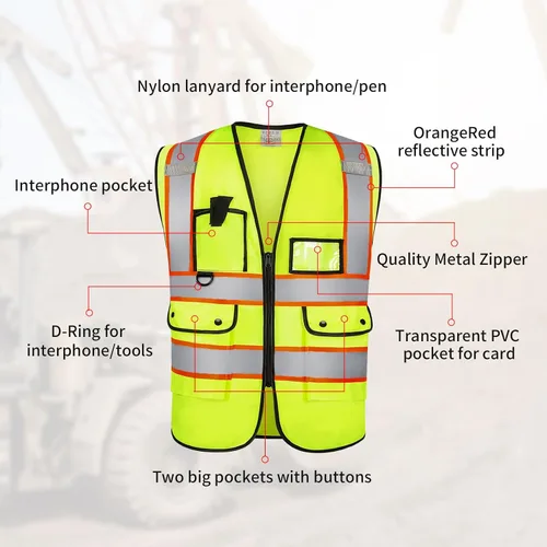 Miniatura 4 de Chaleco Reflectante Clase 2 de Seguridad ANSI con Bolsillos y Cremallera de Alta Visibilidad Uniforme de Construcción D-amarillo-1pack-personalizado