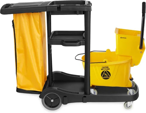 Miniatura 2 de Dryser Carrito de limpieza comercial con ruedas con tapa, estantes y bolsa de vinilo y cubo de fregona comercial con escurridor de prensa lateral