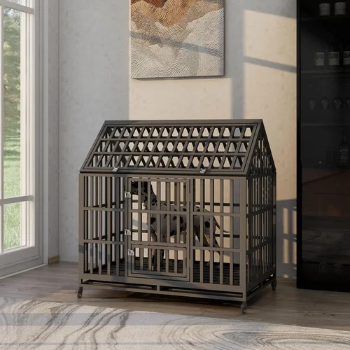Miniatura 8 de Jaula grande para perros, jaula de hierro galvanizado resistente de 47 pulgadas para perros, muebles con puerta delantera, puerta superior y 4
