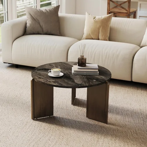 Miniatura 6 de Travertine Texture - Mesa de centro de 31.5 pulgadas moderna de mármol sintético, mesa central de círculo bajo para sala de estar, mesa redonda