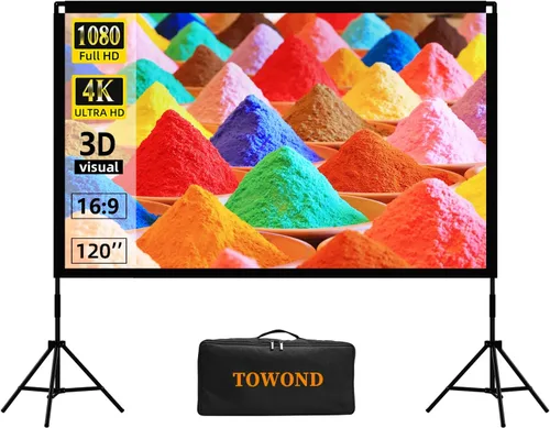 Pantalla para proyector con soporte, Towond pantalla de cine portátil de 120 pulgadas, 16:9 HD, proyección frontal y trasera, pantalla para