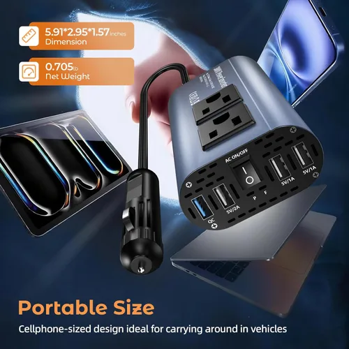 Miniatura 6 de Inversor de corriente para automóvil de 300 W, DC 12 V a 110 V CA adaptador de enchufe de automóvil con cargador rápido USB (25 W), USB-A (20 W)