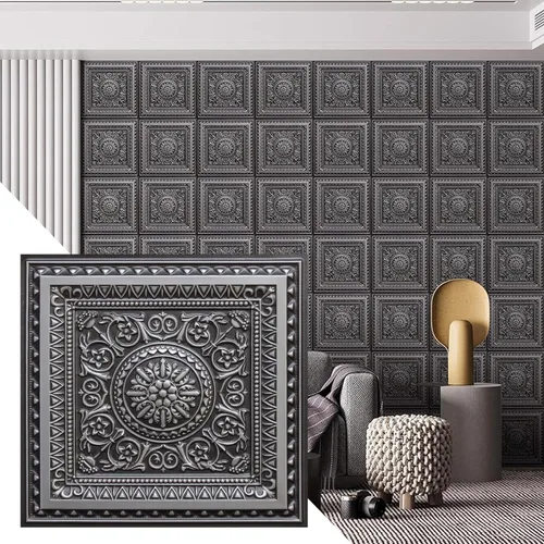Dundee Deco Panel decorativo de techo 3D de PVC con diseño floral victoriano, plateado antiguo, 2 pies x 2 pies (23.6 in x 23.6 in), 4 pies Plata
