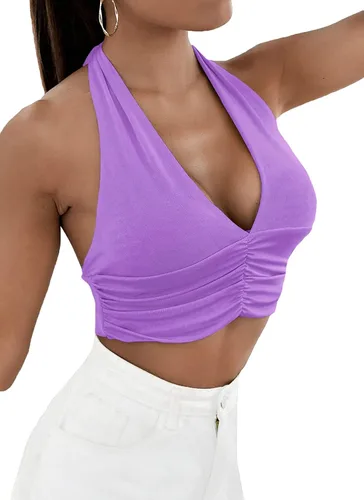 Miniatura 3 de Camiseta LYANER para mujer, con cuello en V ancho, estilo halter, con espalda al aire y sin mangas