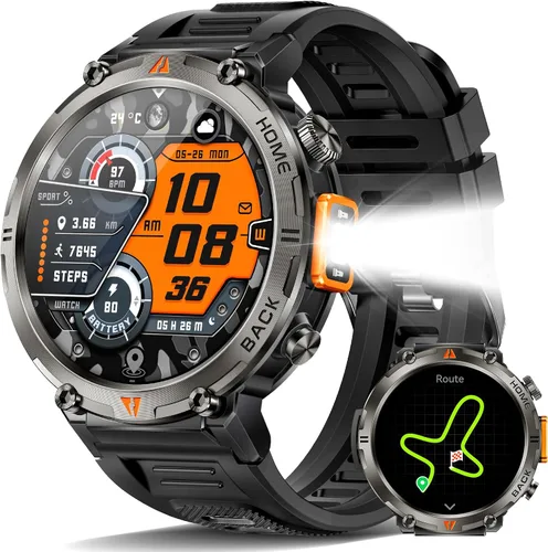Foxhawk Reloj inteligente militar para hombre, 1.45 pulgadas, resistente GPS, reloj inteligente táctico con brújula linterna LED, reloj de fitness