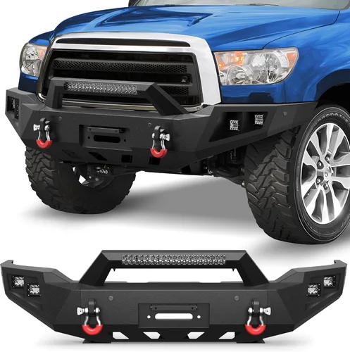 Miniatura 12 de Parachoques delantero Tundra para Tundra 2014-2021, parachoques de acero inoxidable texturizado negro con placa de grúa, barra de luz larga de 144W