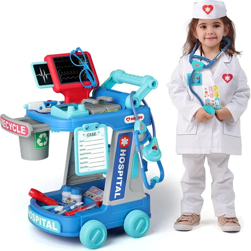 Miniatura 12 de Liberry - Kit de médico para niños pequeños de 3, 4 y 5 años, juego de médico con carrito, disfraz y estetoscopio, juego de rol, juguetes médicos