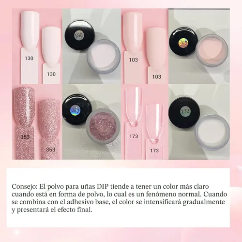 Miniatura 7 de AZUREBEAUTY Kit de iniciación de uñas en polvo de inmersión, 4 colores con purpurina rosa suave, arte de uñas francés, con capa base, capa superior