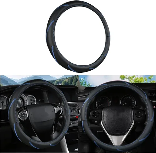 Miniatura 9 de Funda de cuero para volante de auto BELOMI, universal de 15 pulgadas para auto, camión y SUV, antideslizante y transpirable, diseño de estilo 2-Rojo