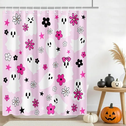 Miniatura 6 de Mocsicka Cortina de ducha rosa de Halloween, bonita decoración de baño de fantasma, cortina de ducha de fantasma floral genial, cortina de baño
