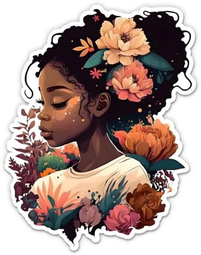 Pretty Black Girl with Flowers - Adhesivo para portátil de 3 pulgadas, vinilo impermeable para automóvil, teléfono, botella de agua, calcomanía de