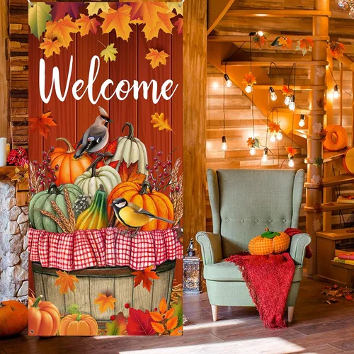 Miniatura 2 de Cartel de puerta de Acción de Gracias, decoración grande para puerta de otoño, pájaro, calabaza, telón de fondo, suministros de fiesta para cosecha