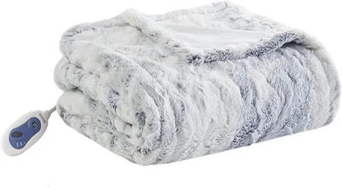 Miniatura 16 de Beautyrest Zuri - Poncho manta eléctrica reversible de piel sintética de leopardo de las nieves a visón, ponible, apagado automático, prácticamente