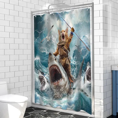 Miniatura 3 de Cortina de ducha divertida con diseño de gato pequeño para montar tiburón, océano, surf, playa, olas de mar, rayos, 48 pulgadas de ancho x 72