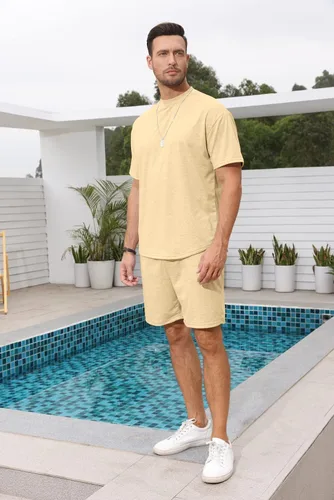 Miniatura 2 de Lexiart Conjunto deportivo de 2 piezas para hombre, casual, pantalones cortos, de verano, de manga corta, de gran tamaño, para hombre