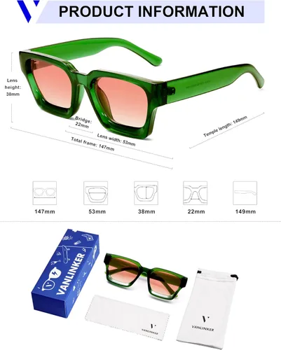 Miniatura 86 de VANLINKER Gafas de sol cuadradas gruesas para hombres y mujeres, retro, rectangulares, con protección UV400, VL9731