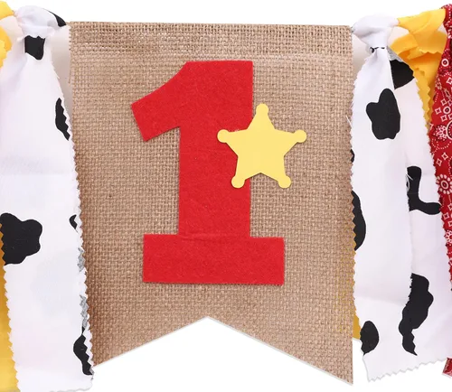 Miniatura 7 de Woody and Jessie - Cartel de primer cumpleaños para silla de bebé niño, decoraciones de fiesta occidental, pancarta de vaquero del oeste