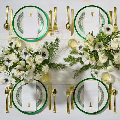 Miniatura 2 de By Madee HEAVYweight - Juego de vajilla desechable de 175 piezas con borde verde para 25 invitados
