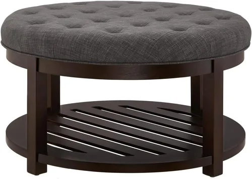 Miniatura 4 de 24KF Mesa de Centro Otomana Grande Redonda Tapizada con Mechones de Lino, Reposapiés Otomana Grande con Almacenamiento de Estante de Madera, Gris
