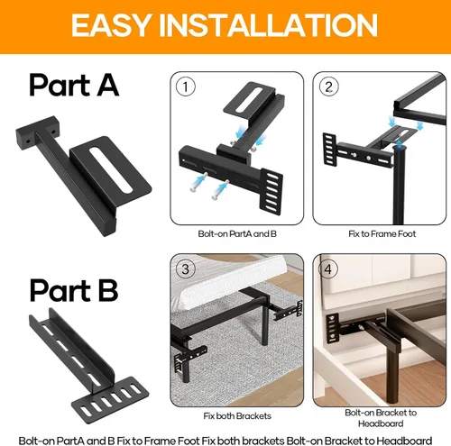 Miniatura 6 de Soportes de cabecera ajustables para marcos de cama de metal, kit de fijación universal para cabecero con extensión de estribo Se adapta a camas