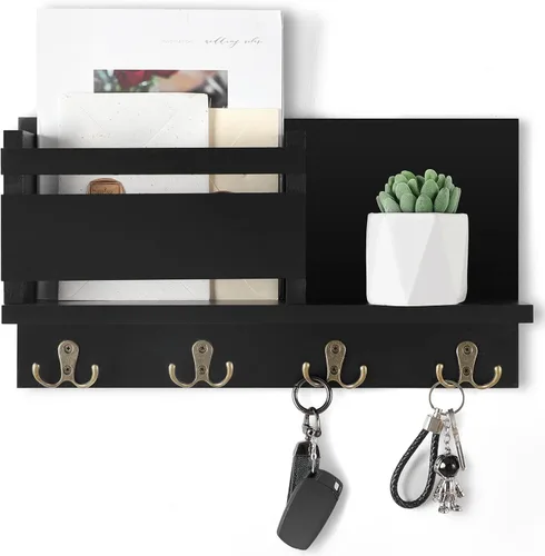 Soporte decorativo para llaves y correo para pared, organizador rústico de correo, organizador de cartas de madera con 4 ganchos para llaves para