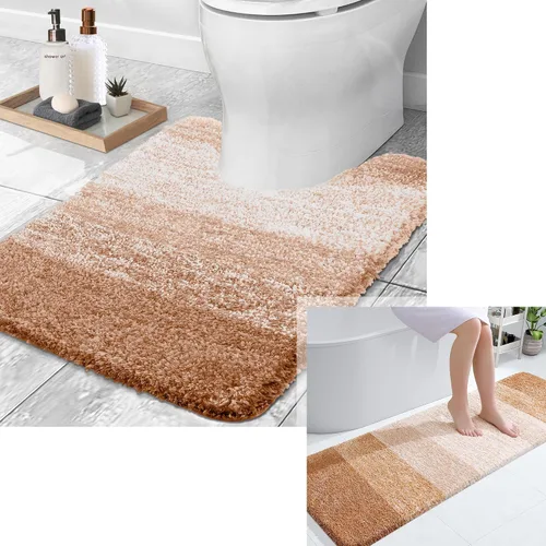 OLANLY Alfombra de baño y inodoro en forma de U, tamaño 59 x 20 pulgadas, tamaño de alfombra de inodoro de 24 x 20 pulgadas, color beige, paquete de