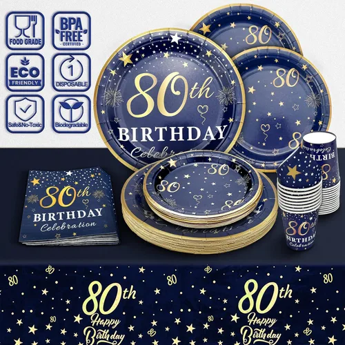 Miniatura 3 de Platos y servilletas de decoración de cumpleaños número 80 azul y dorado, servicio para fiesta de cumpleaños de 30 o 80 años, incluye platos azul