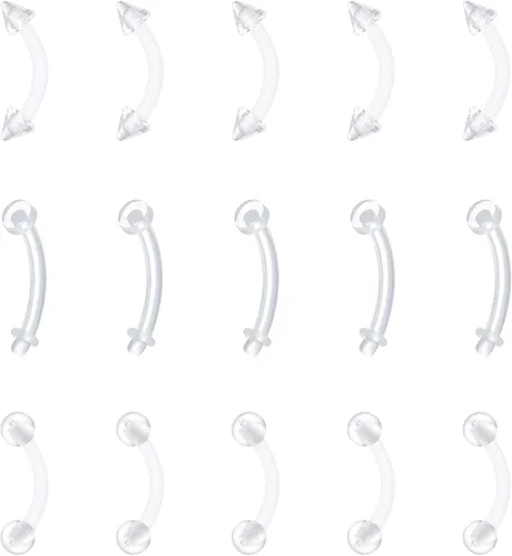 Miniatura 5 de FECTAS Aretes de plástico flexible transparente de 16G y 14G, anillos para cejas, barras curvadas, retenedores para piercing de vientre, 15