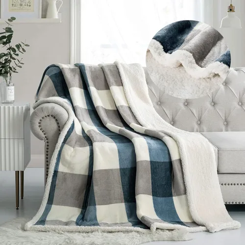 PU MEI - Cobija de vellón sherpa de 50 x 60 pulgadas, suave, acogedora, gruesa y cálida para sofá o cama Gris y azul