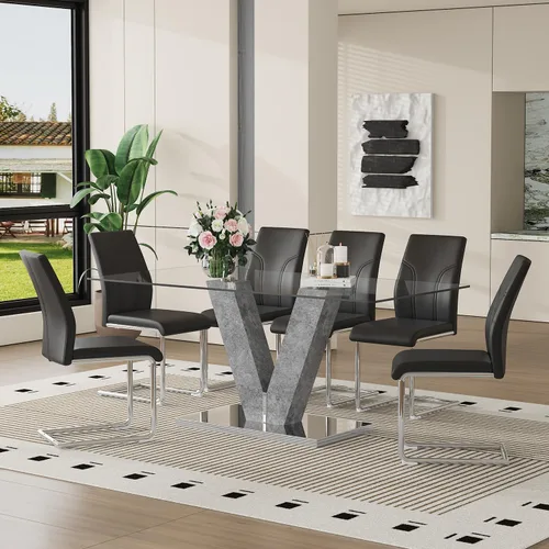 Miniatura 18 de Juego de mesa de comedor de cristal moderno de 71 pulgadas para 6, juego de mesa de comedor de 7 piezas con sillas y mesa de vidrio templado