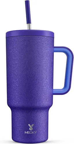 Miniatura 37 de Meoky - Vaso de 30 oz con asa, tapa y pajilla, taza de viaje térmica de acero inoxidable 100% a prueba de fugas, para portavasos, mantiene el frío