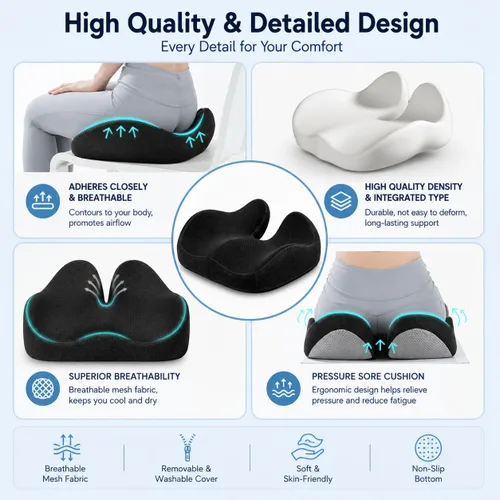 Miniatura 4 de CXC Cojín de asiento para aliviar el dolor de coxis, cojín de espuma viscoelástica para ciática y alivio de presión, almohadilla de asiento