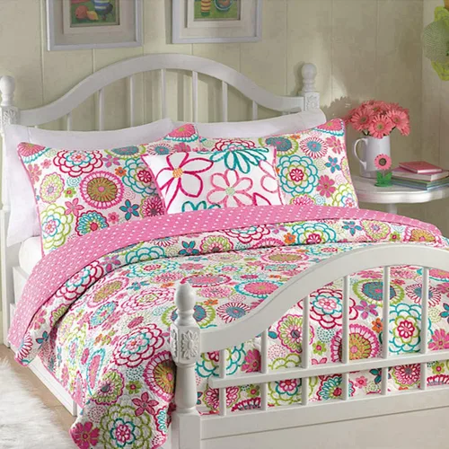 Miniatura 6 de Cozy Line Home Fashions Juego de ropa de cama reversible para niña, color rosa, verde, azul, naranja, colorido, floral, fantasía, colcha
