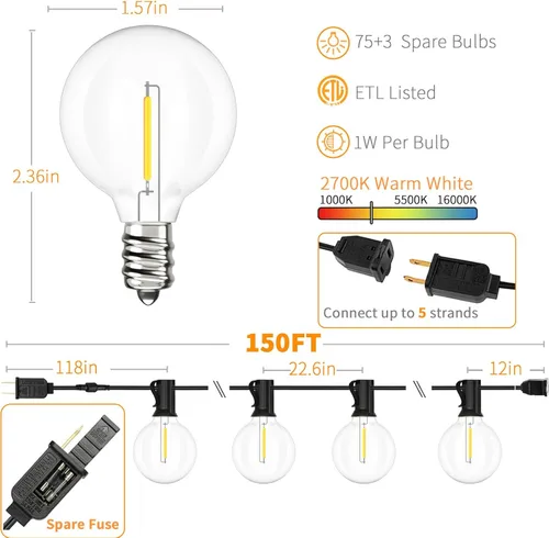 Miniatura 3 de Svater - Cadena de luces para exteriores de 150 pies, luz de patio con 78 bombillas LED irrompibles, luces colgantes de plástico G40 para café