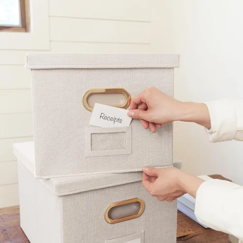 Miniatura 3 de ZICOTO Caja organizadora decorativa de archivos, juego de 2 archivadores plegables de lino con asas, perfectos para almacenar todos tus documentos