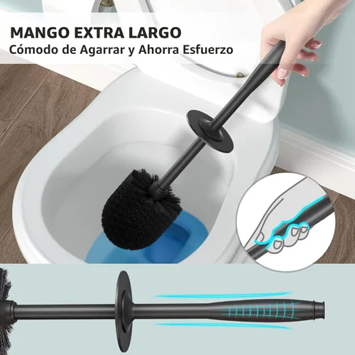 Miniatura 4 de Cepillo de inodoro, cepillo para inodoro con mango extra largo, cerdas duraderas, limpiador de inodoro y soporte cubierto para limpieza de baño Negro