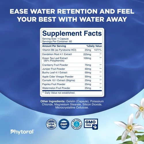 Miniatura 3 de Tevare - Píldoras de agua diurética prémium con vitamina B-6, cloruro de potasio y raíz de diente de león; suplemento alimenticio puro y natural