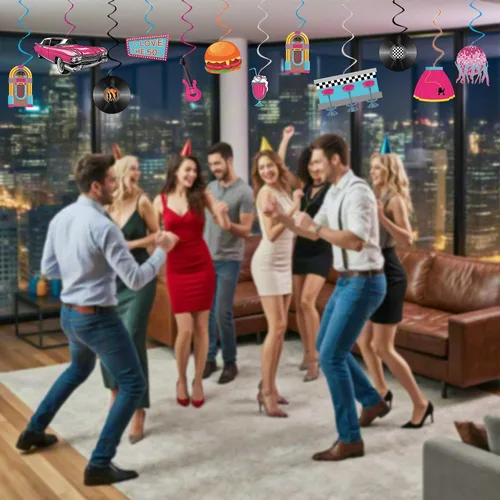 Miniatura 6 de Decoraciones para fiestas de los años 50, retro de los años 50, remolinos colgantes de música rock and roll, ensamblados y listos para usar
