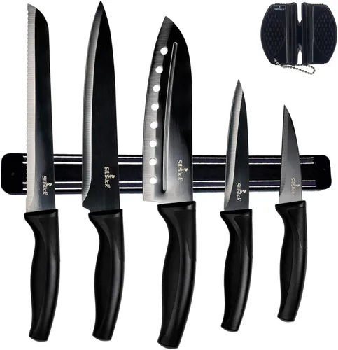 SiliSlick Juego de cuchillos de cocina, 5 cuchillos coloridos aptos para lavavajillas, afilador de cuchillos y barra de pared magnética, chapado en