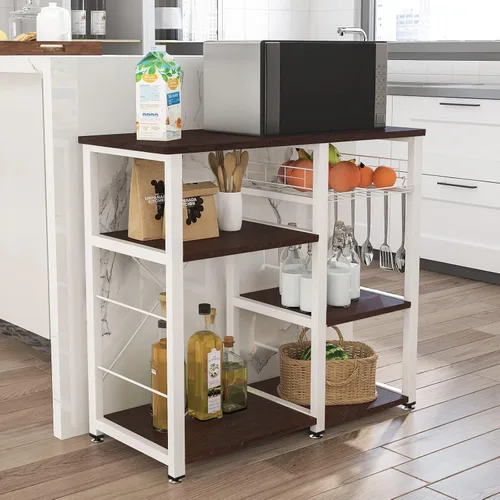 SDHYL Barra de café, estante para panaderos de 35 pulgadas, soporte para microondas con 5 estantes de almacenamiento, ganchos colgantes, estantes de