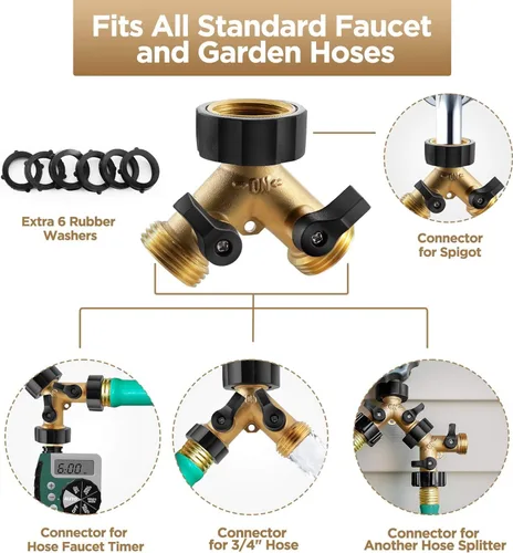 Miniatura 3 de Ipow Conector adaptador para manguera de jardín, separador Y + 7 arandelas de hule para manguera con cómodo agarre.