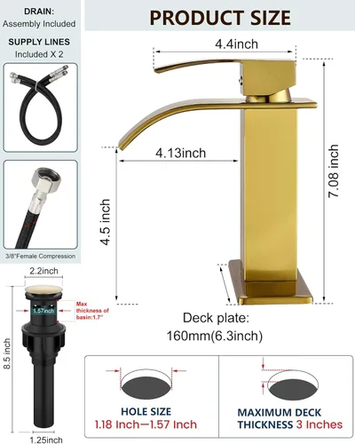 Miniatura 7 de Midanya - Grifo de baño con boquilla de cascada, de un agujero o tres agujeros para montaje en cubierta, grifo de lavabo de acero inoxidable 304