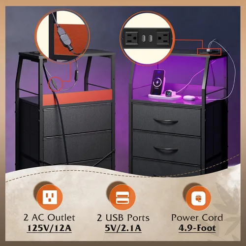 Miniatura 5 de WLIVE Mesita de noche con estación de carga, mesita de noche LED con 4 cajones de tela y estante de almacenamiento, cómoda alta para dormitorio