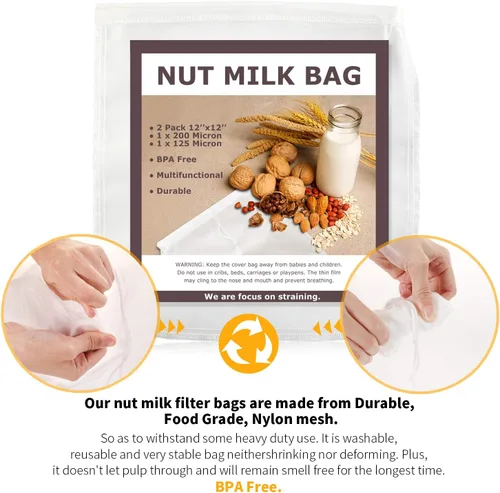 Miniatura 4 de SCENGCLOS Bolsas de leche de nueces, 12 x 12 pulgadas, paquete de 2 coladores de alimentos de nailon reutilizables, filtro multiusos de grado